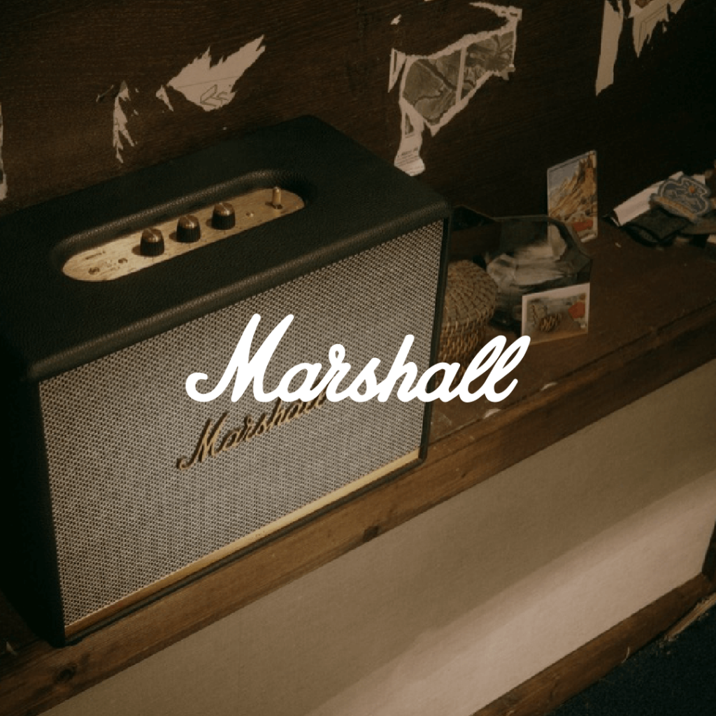 Marshall logo in front of amplifier