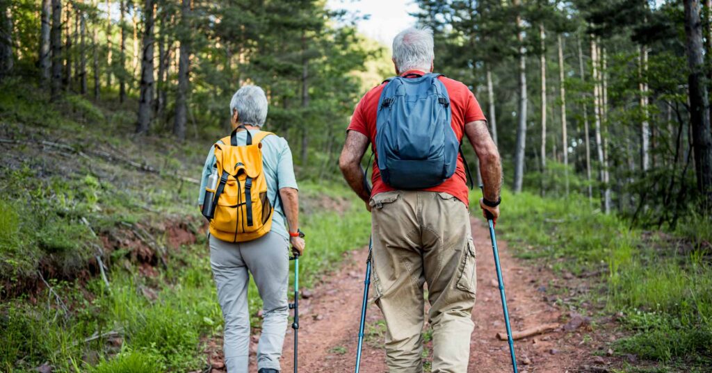 Senior couple with trekking poles enjoying hiking in the forest