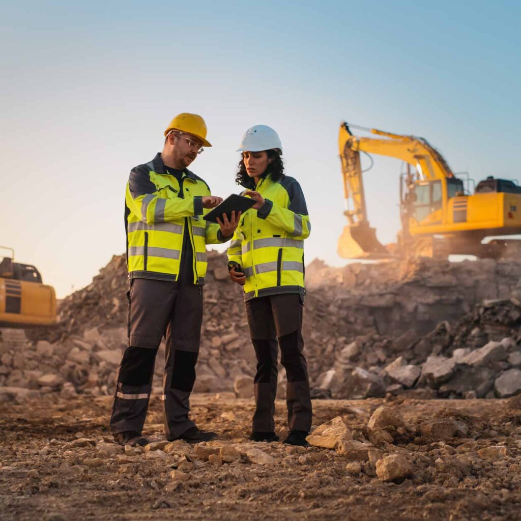 Caucasian Male Civil Engineer Talking To Hispanic Female Inspector And Using Tablet On Construction Site of New Apartment Complex. Real Estate Developers Discussing Business, Excavators Working.