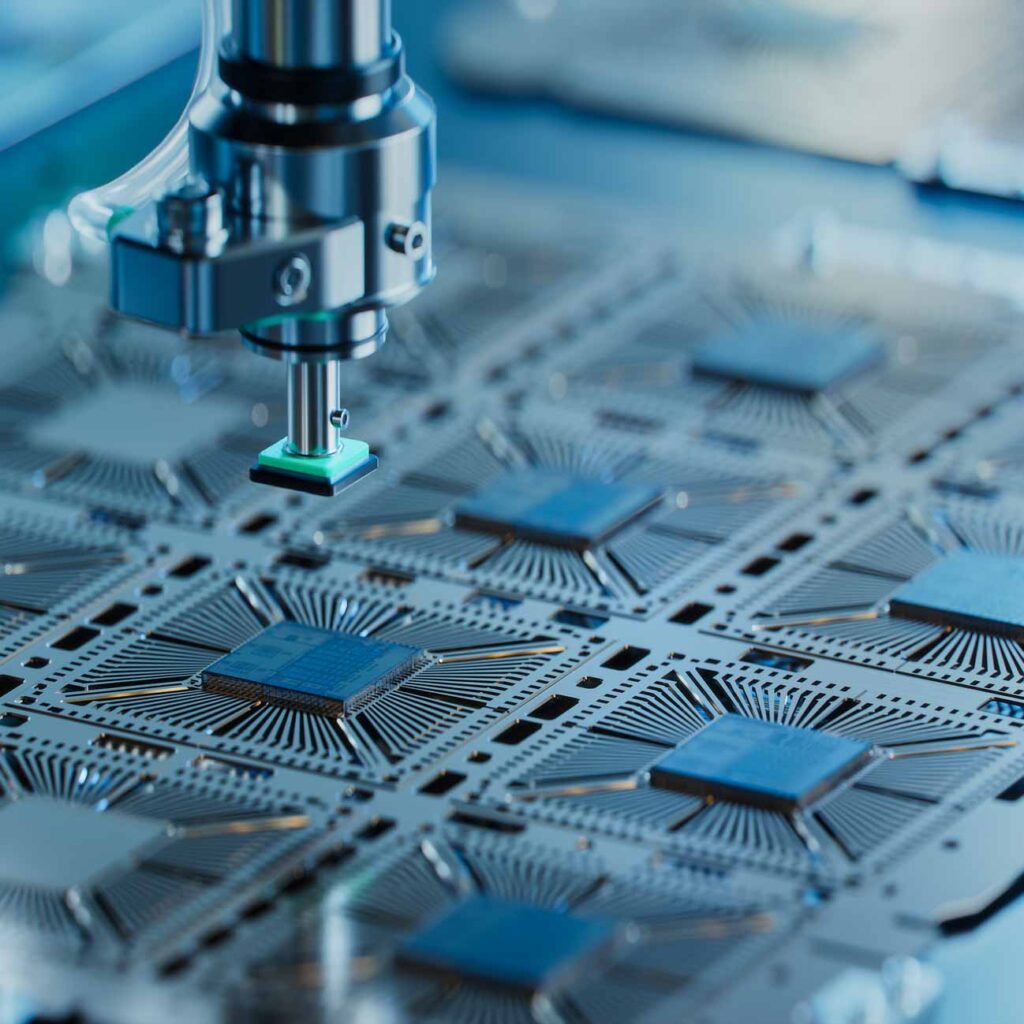 Close-up of Silicon Die are being Extracted from Semiconductor Wafer and Attached